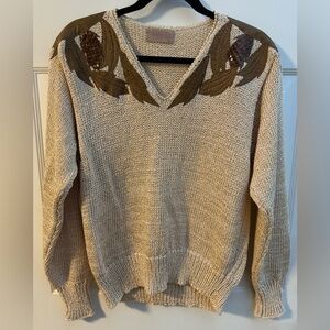 Vintage Knit Cream V-Neck Sweater Leather Leaf Patchwork Accents 80s Unique